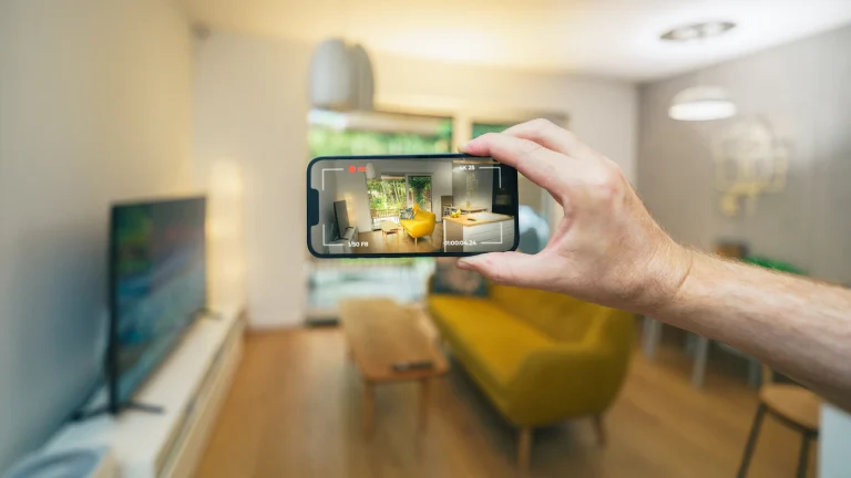 Homeowner photographing their living room with a smartphone to sell the house without a realtor